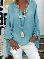 Solid Color Casual Cotton Linen V-Neck Long Sleeve Blouse