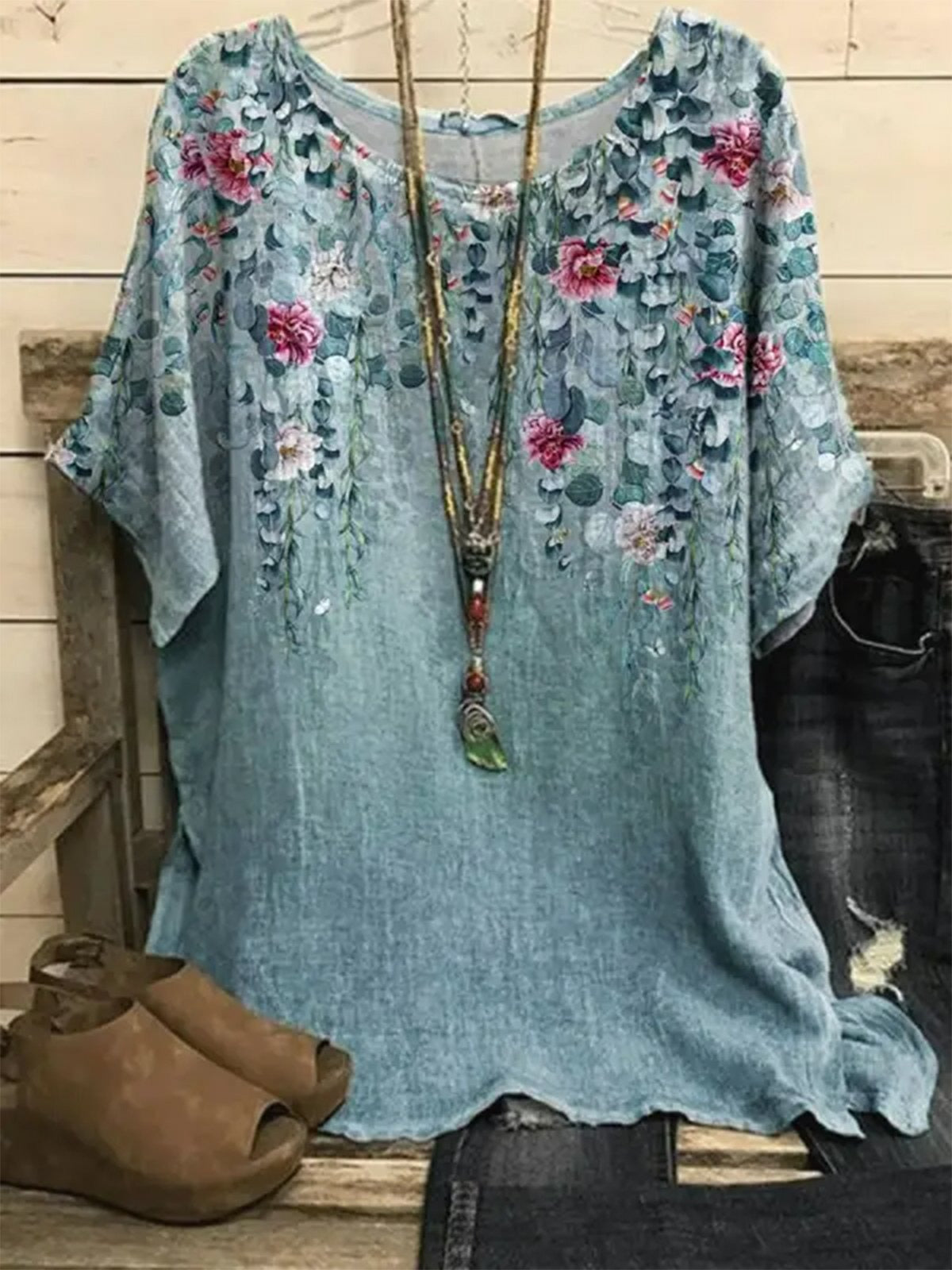 Floral Print Casual Short Sleeve Round Neck Blouse