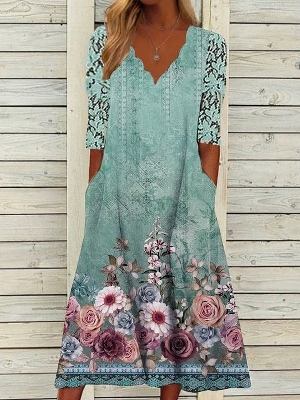 Green Floral Printed Casual V-neck Hollow Out Half Sleeve Midi Dresses