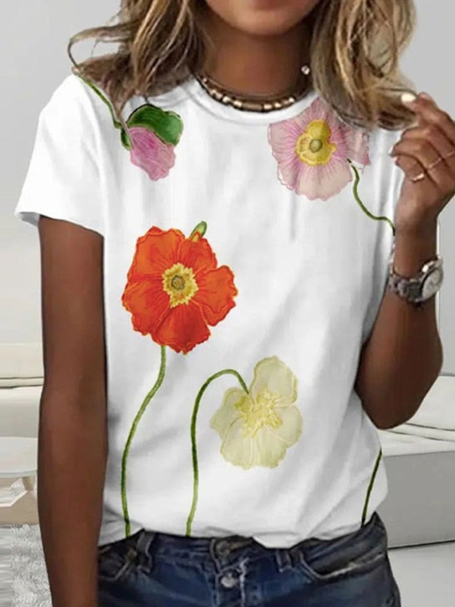 Round Neck Floral Print Short Sleeve Blouse