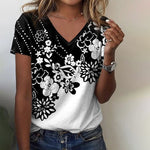 Short Sleeve Black Patchwork Floral Print V-neck T-Shirt
