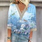Romantic Printed Lace V-neck 3/4 Sleeves Blouse