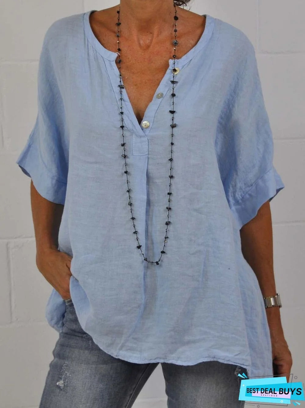 V-neck Casual Blue Plain Half Sleeve Tunic Blouse