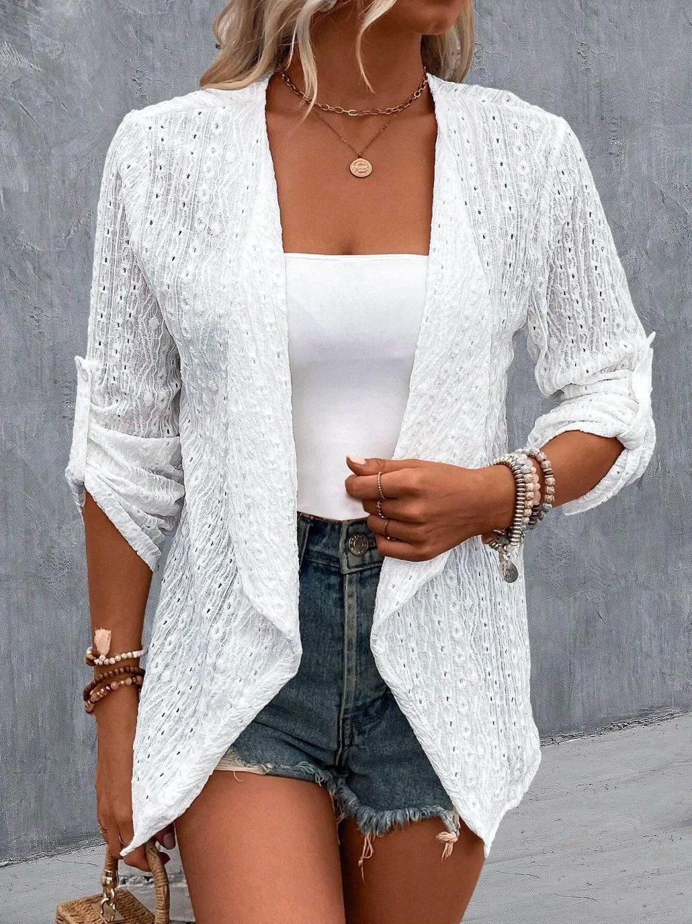 3/4 Sleeves Solid Embroidered Hollow Casual Loose Top