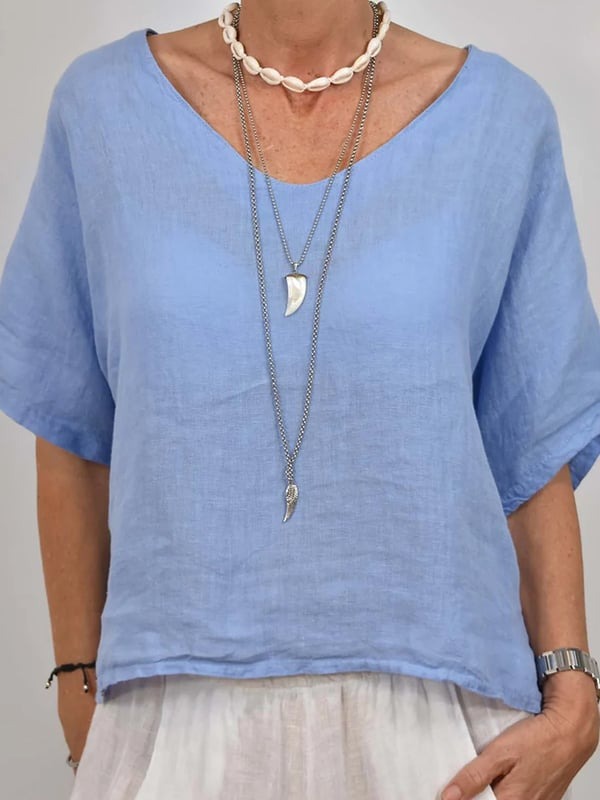 Blue V-neck Short Sleeve Casual Shirt