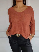 Casual Plain V-neck Knitted Long Sleeve Sweater
