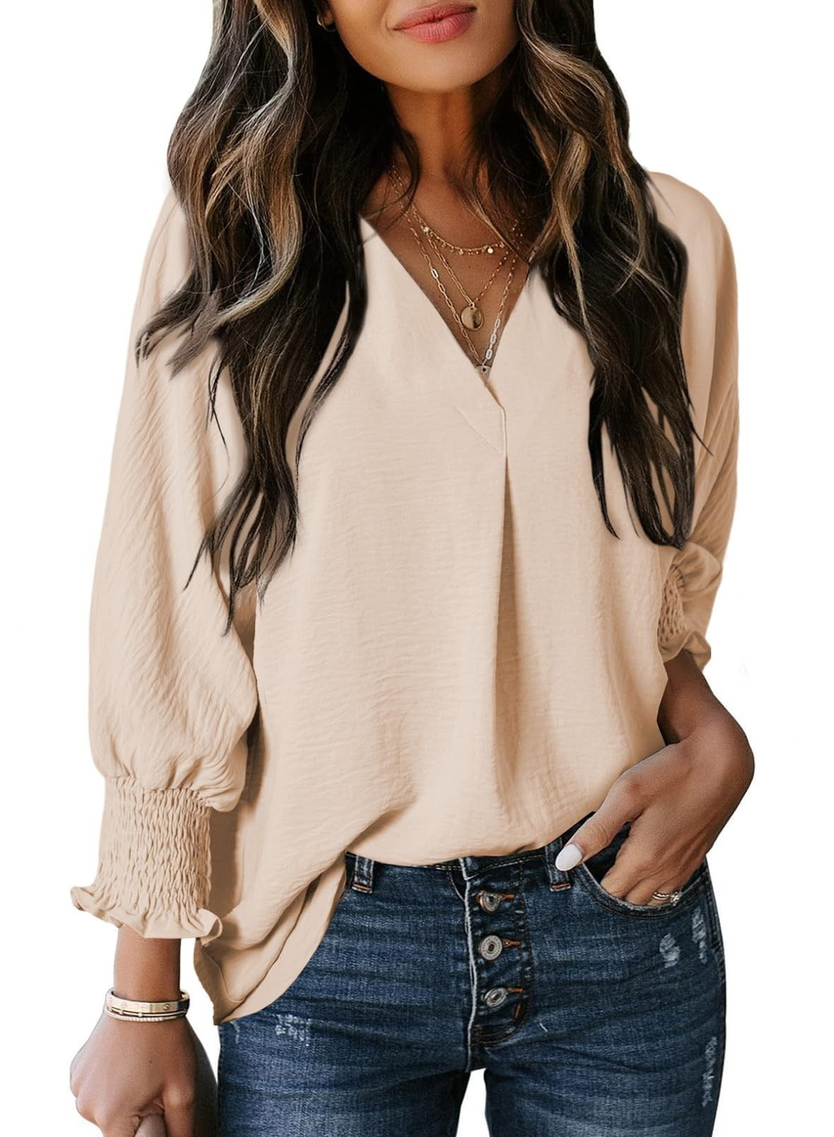 Women's Casual 3/4 Sleeves V-Neck Loose Basic T-Shirt