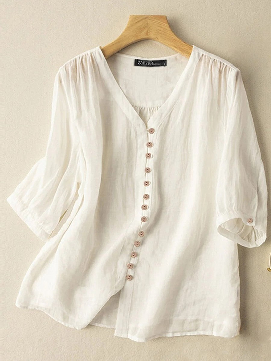 Solid Color V-Neck Buttoned Cotton 3/4 Sleevess Shirt