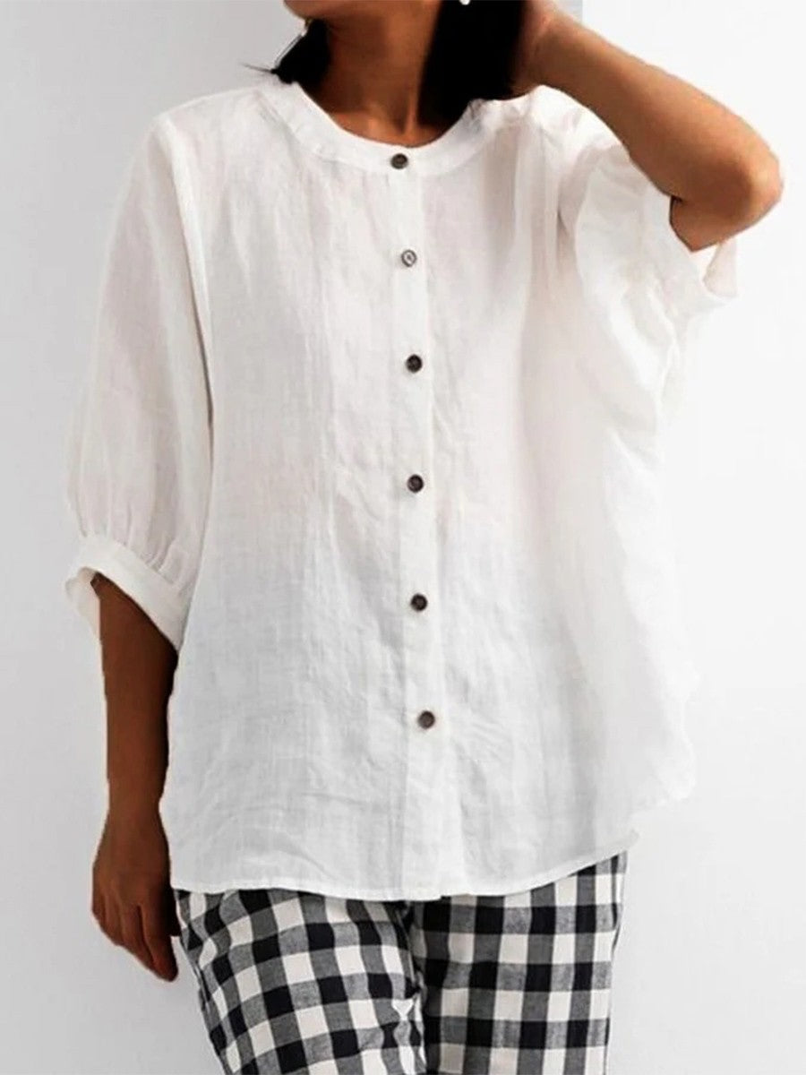 Retro Lantern Sleeve Cotton And Linen Loose Shirt