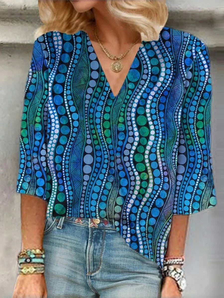 Abstract Polka Dot Print V-neck 3/4 Sleeves Blouse