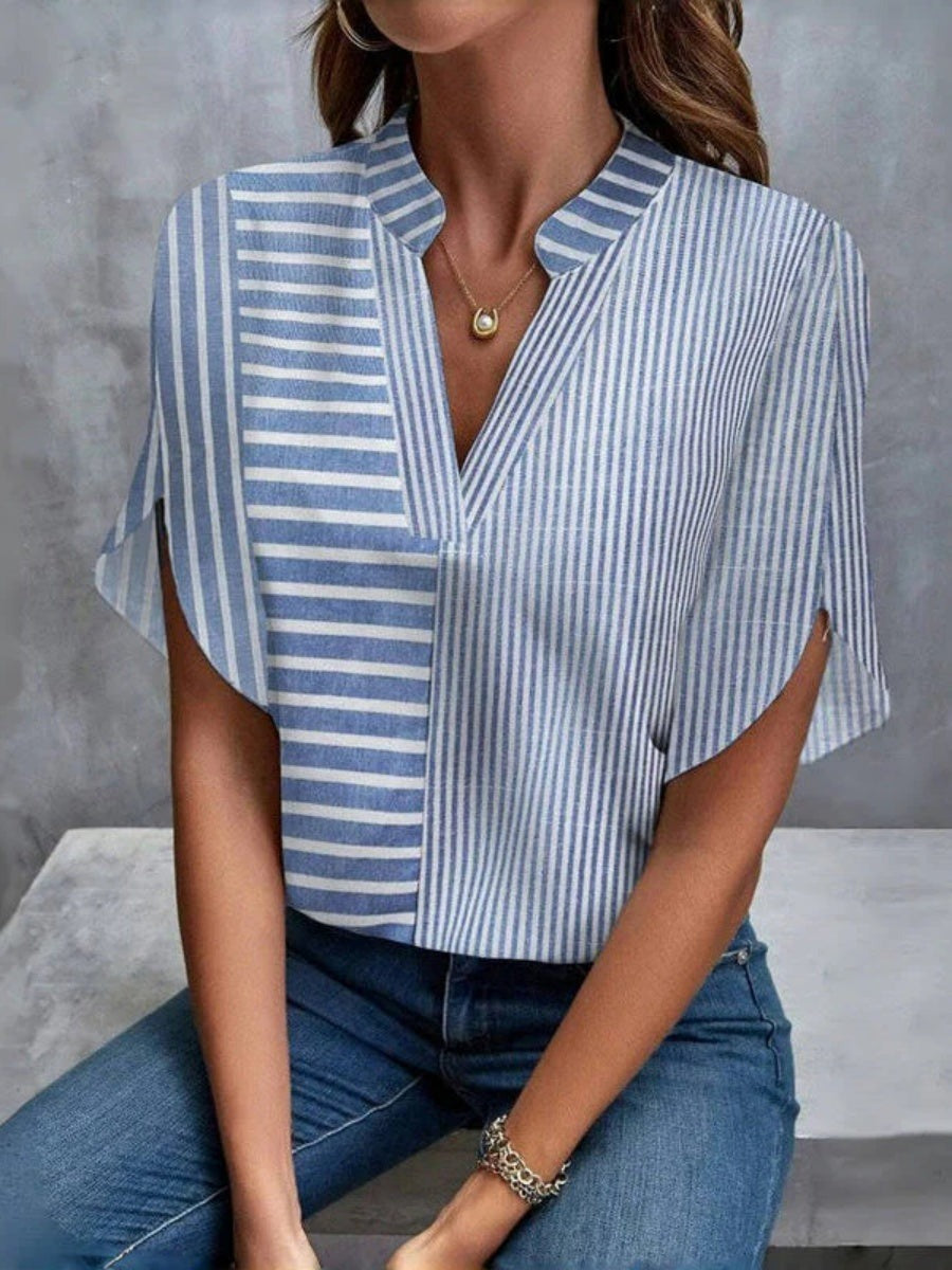 Striped Print V-neck Half Sleeves Blouse