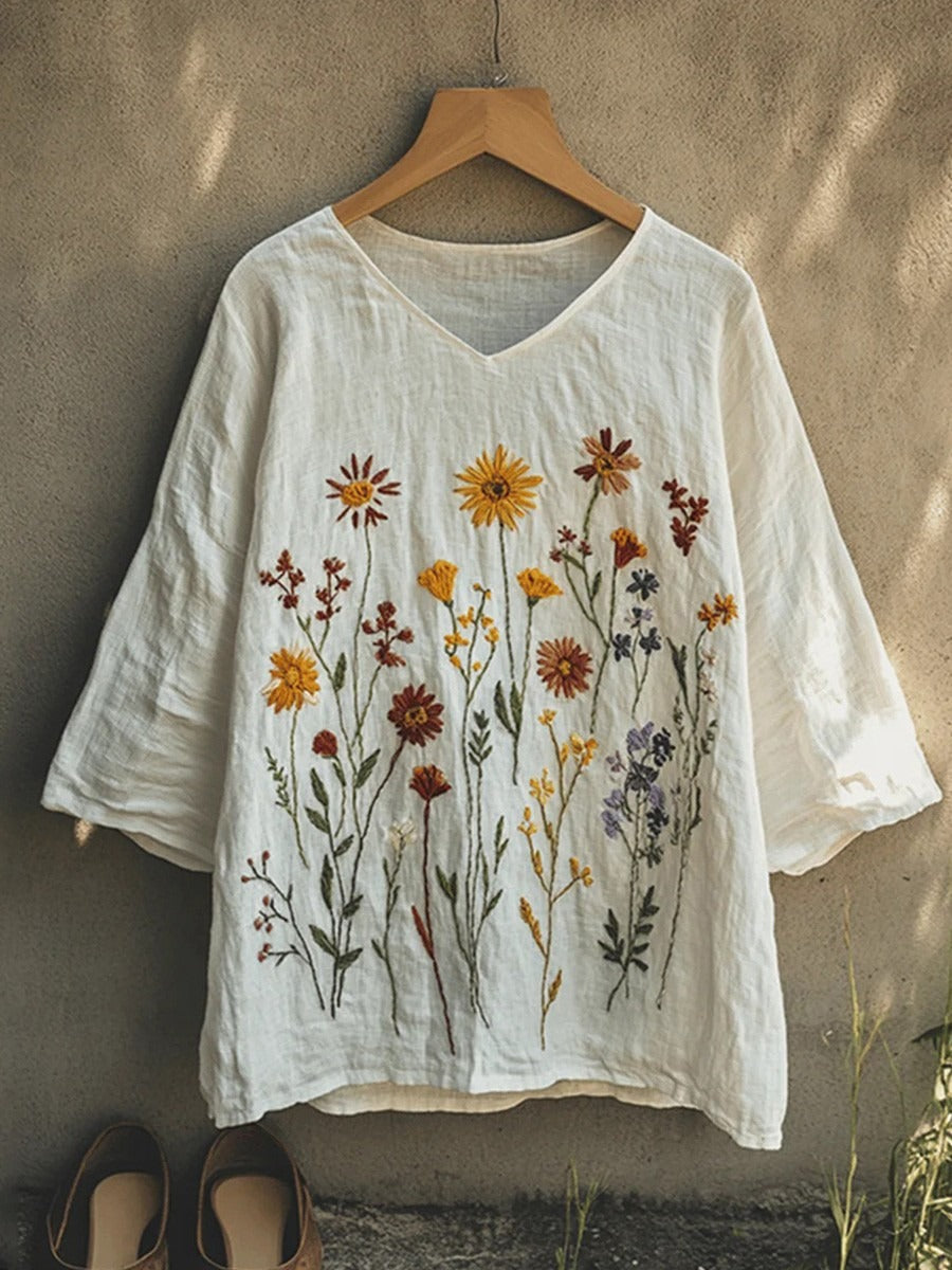 Romantic Floral V-neck 3/4 Sleeves Loose Shirt