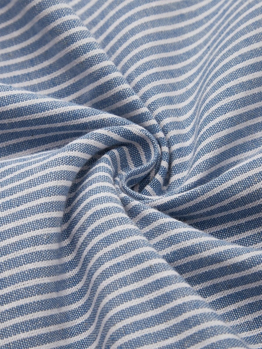 Blue Striped V Neck Short Sleeve Midi Dress