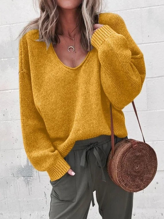 Plain Casual Long Sleeve V Neck Yarn/Wool Yarn Sweater