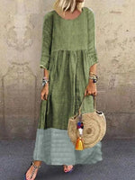 Casual Loose Plain Crew Neck 3/4 Sleeves Linen Paneled Weaving Maxi Dress