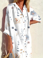 Casual Floral Loose Shirt Collar 3/4 Sleeves Shirt Midi Dress