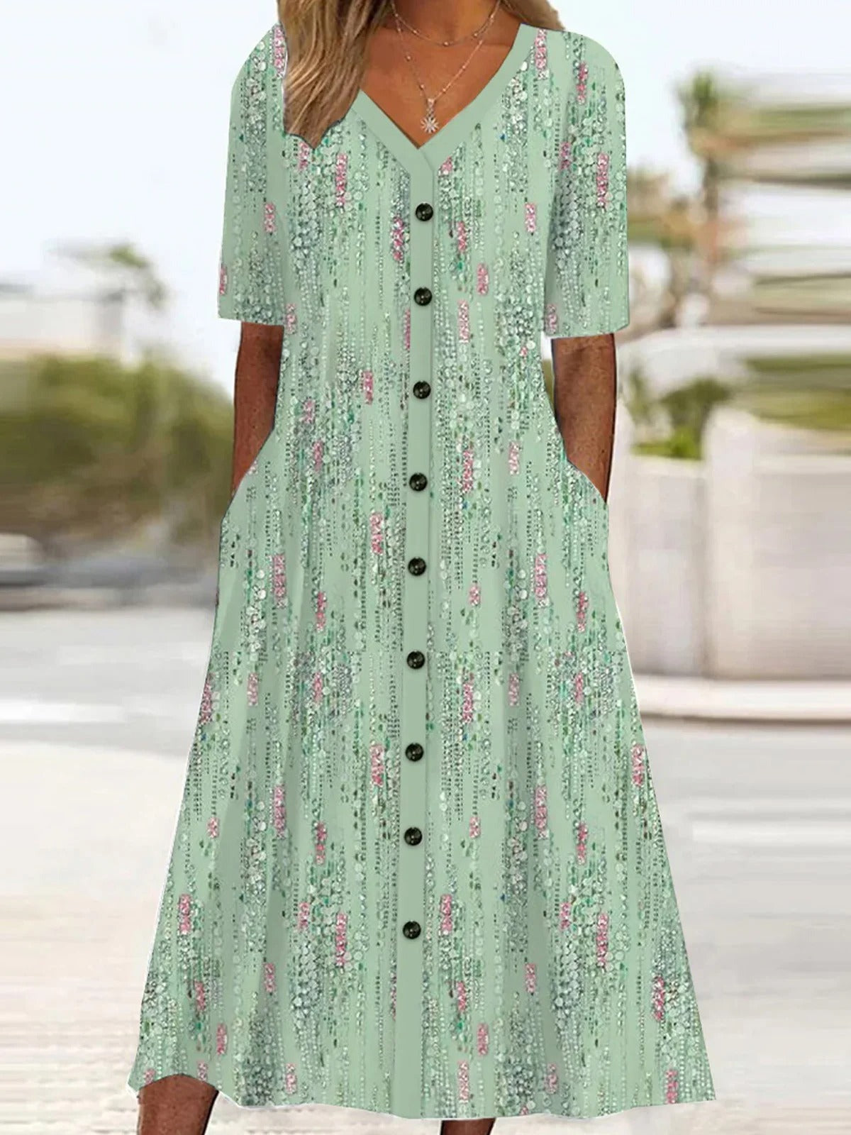 Women's Short Sleeve Summer Floral V Neck Midi Dress Casual A Line Gre