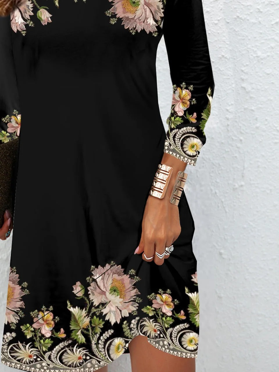 Floral Crew Neck Long Sleeve Comfy Casual Mini Dress