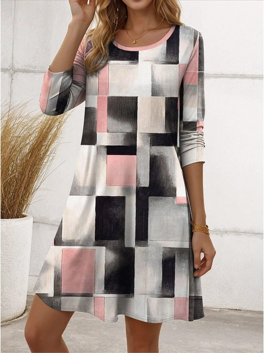 Geometric Crew Neck Long Sleeve Comfy Casual Buckle Midi Dress