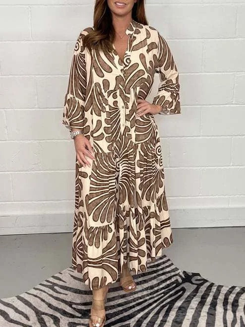 Geometric Shawl Collar Half Sleeve Comfy Casual Midi Dress