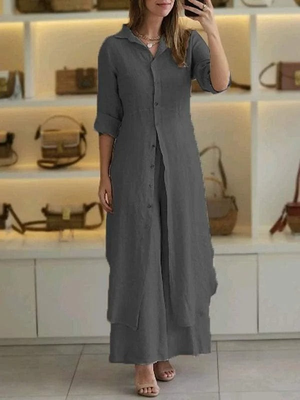 Plain Shawl Collar Long Sleeve Comfy Casual Top With Pants Two-Piece Set