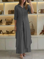 Plain Shawl Collar Long Sleeve Comfy Casual Top With Pants Two-Piece Set