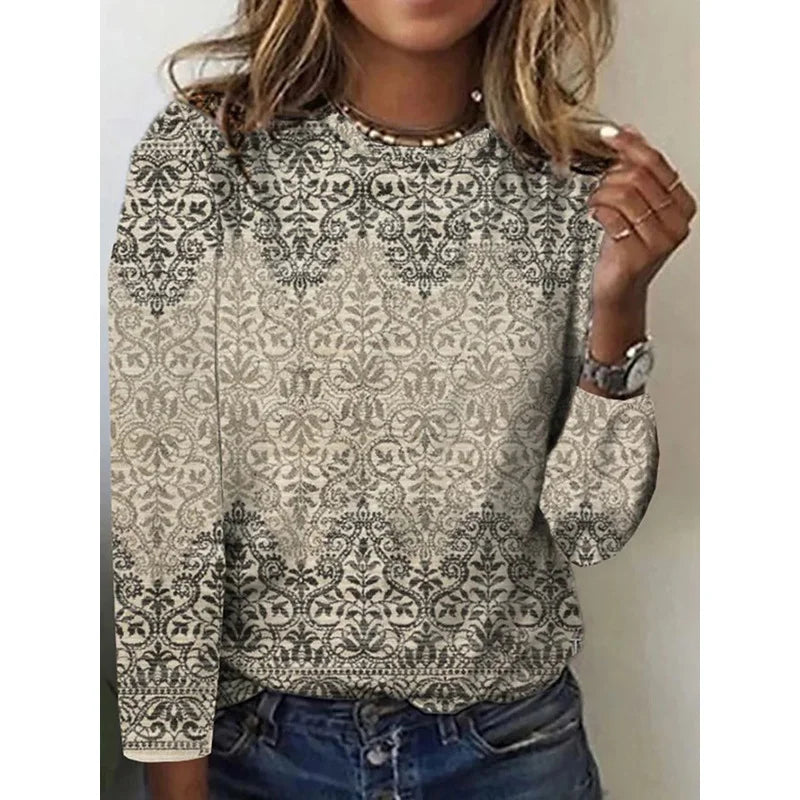 Ethnic Lace Crew Neck Long Sleeve Comfy Blouse