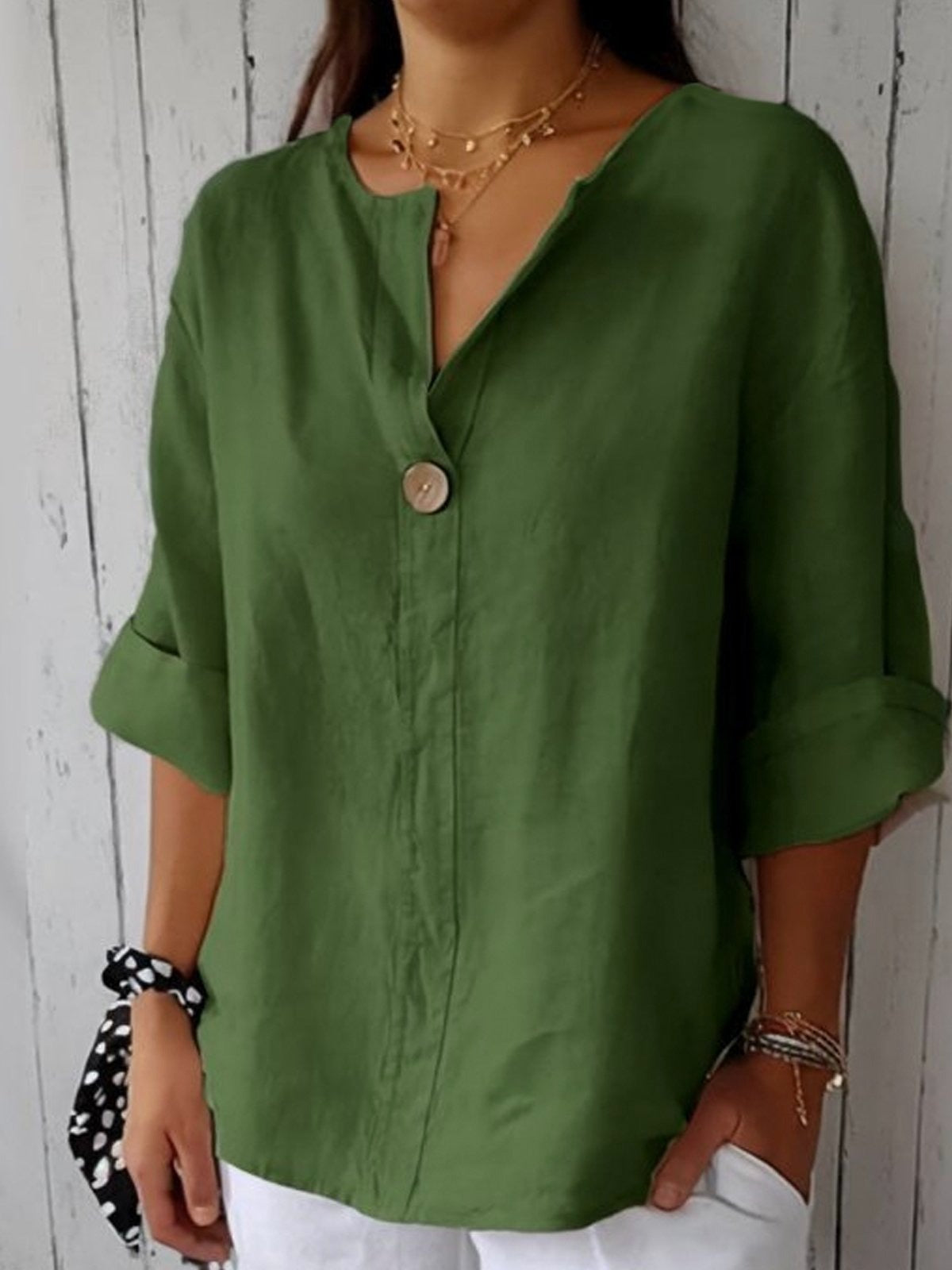 Plain Cotton V-neck 3/4 Sleeves Buttoned Blouse