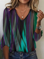 Color Block V-neck Ruffled 3/4 Sleeves Casual Blouse