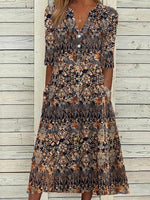 Ethnic V Neck Half Sleeve Midi Dress
