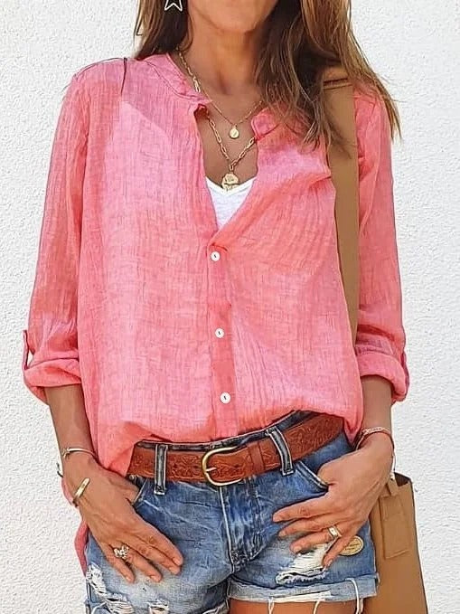 Plain Shift Cotton Long Sleeve V Neck Shirt