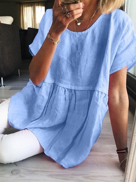 Women's Casual Loose Crew Neck Solid Cotton Short Sleeve Tunic Blouse