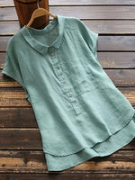 Solid Shift Casual Shirt Collar Cotton Short Sleeves Blouse