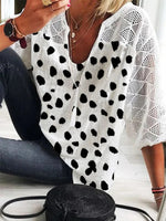 Polka Dots V Neck 3/4 Sleeves Casual Blouse