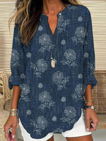 V Neck Long Sleeve Floral Regular Loose Shirt For Women