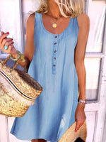 Women's Sleeveless Solid Summer Round Neck Button Short Dress