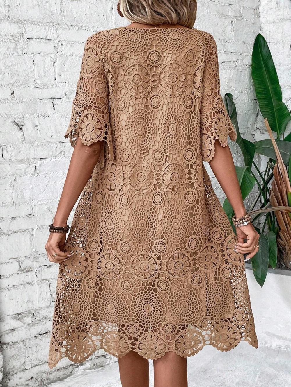 Women's Plain Crew Neck Short Sleeve Comfy Casual Lace Short Dress