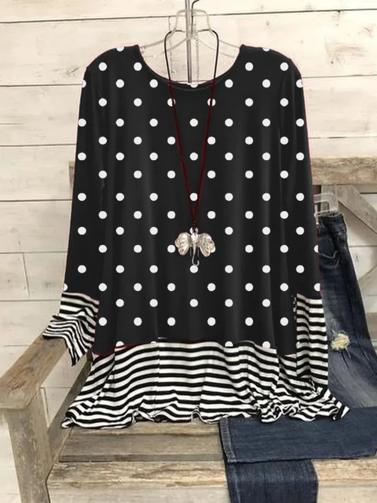 Stripe & Polka Dots Long Sleeve Paneled Round Neck Tunic T-Shirt