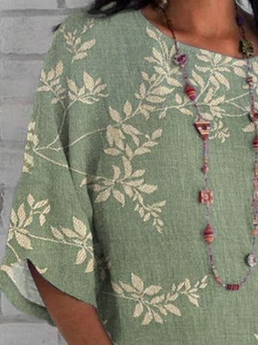 Leaf Print Crew Neck Half Sleeves Loose Blouse