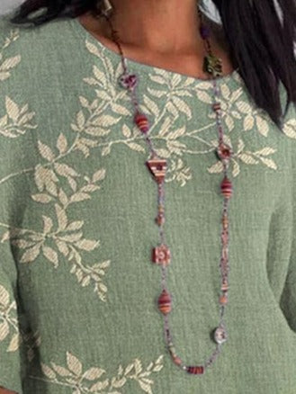 Leaf Print Crew Neck Half Sleeves Loose Blouse
