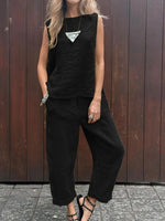 Plain Round Neck Sleeveless Casual Top With Pants Two-Piece Suits