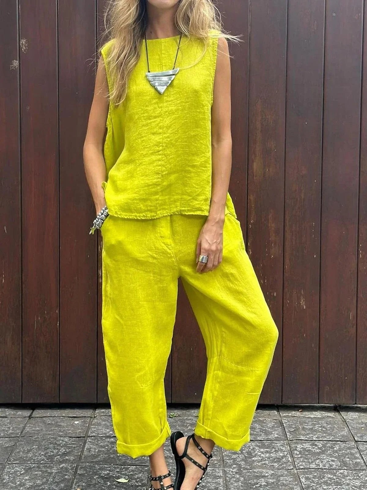 Plain Round Neck Sleeveless Casual Top With Pants Two-Piece Suits