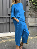Crew Neck 3/4 Sleevess Loose Top With Pants Two-Piece Suits