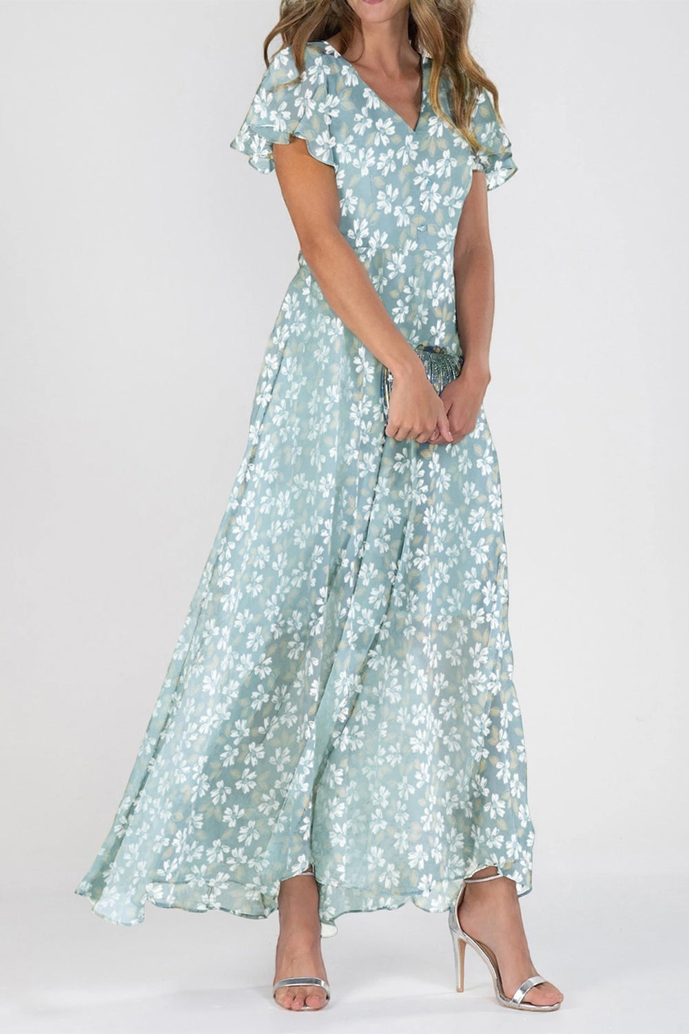 V-Neck Short Sleeve Chiffon Floral Maxi Dress