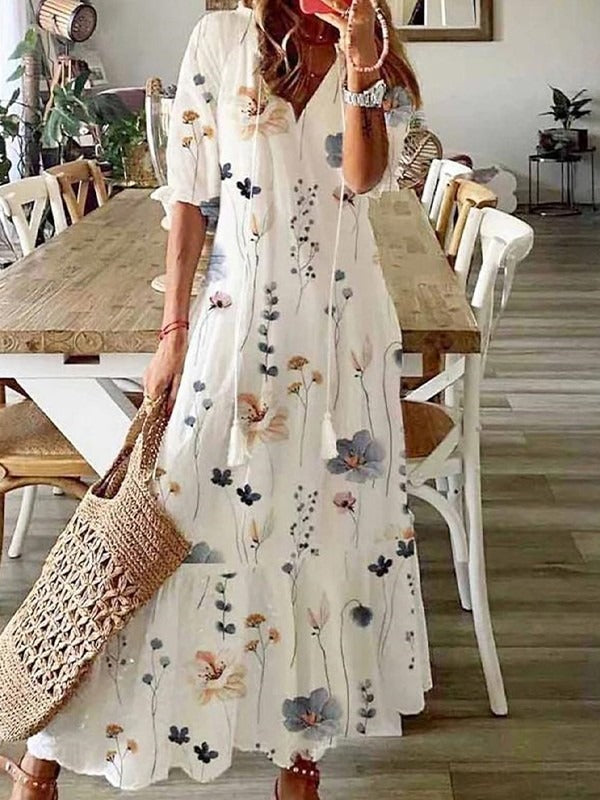 Floral V-neck Half Sleeve Loose Fit Maxi Dress