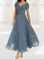 Plain Lace Chiffon V-neck Short Sleeve Comfy Maxi Dress