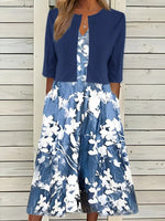 Floral Pattern Crew Neck Half Sleeve Casual Two Piece Midi Dress