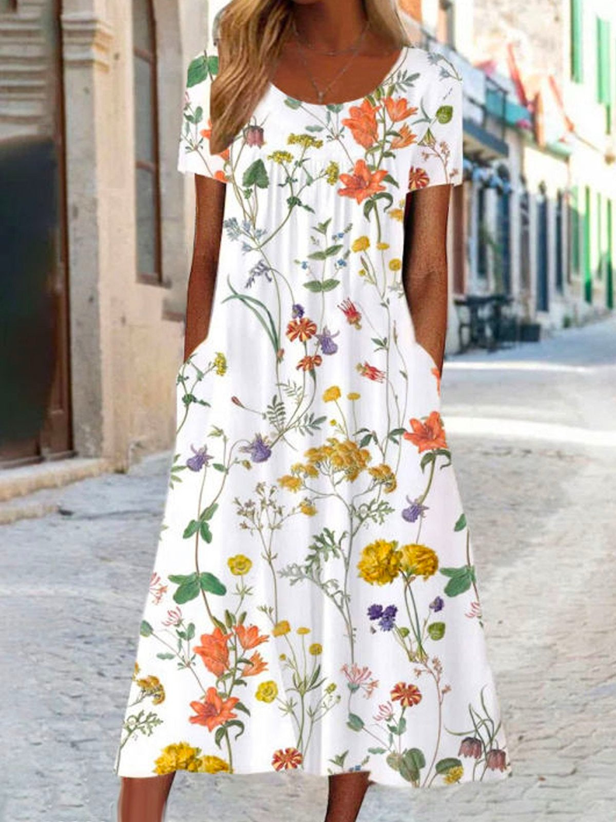 Disty Floral Crew Neck Short Sleeve Loose Midi Dress