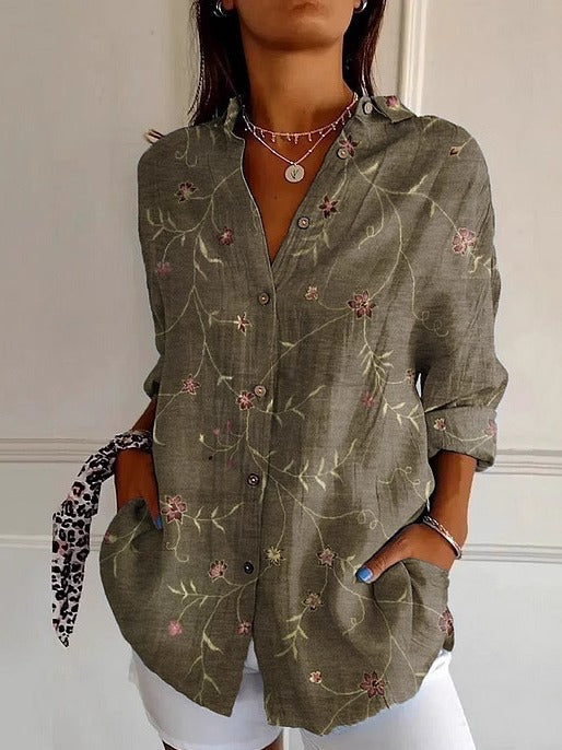 Shirt Collar Long Sleeve Floral Regular Loose Shirt