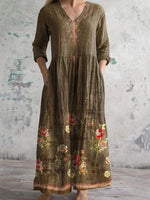 Vintage Lovely Floral Art Print Pocket Cotton Dress
